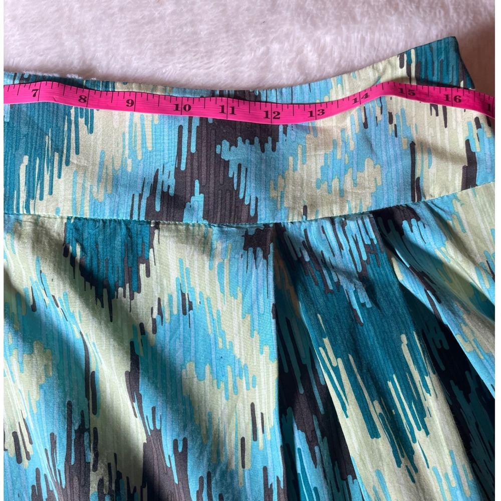 Context Silk Cotton Ikat Print A-Line Skirt Turquoise Green Grey Size 8 Mod - Picture 4 of 5